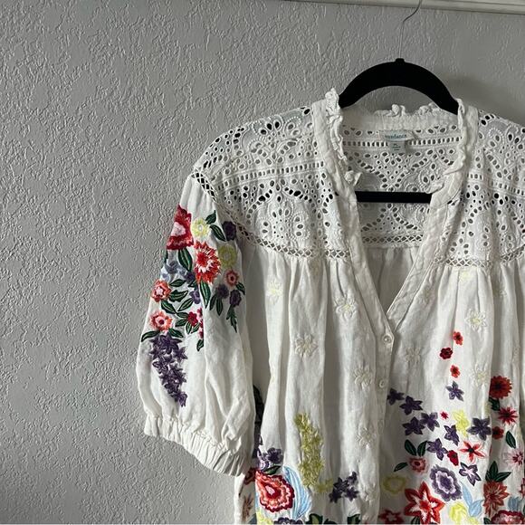 Sundance Floral Embroidered Lace Detail White Linen Blouse - Picture 2 of 7